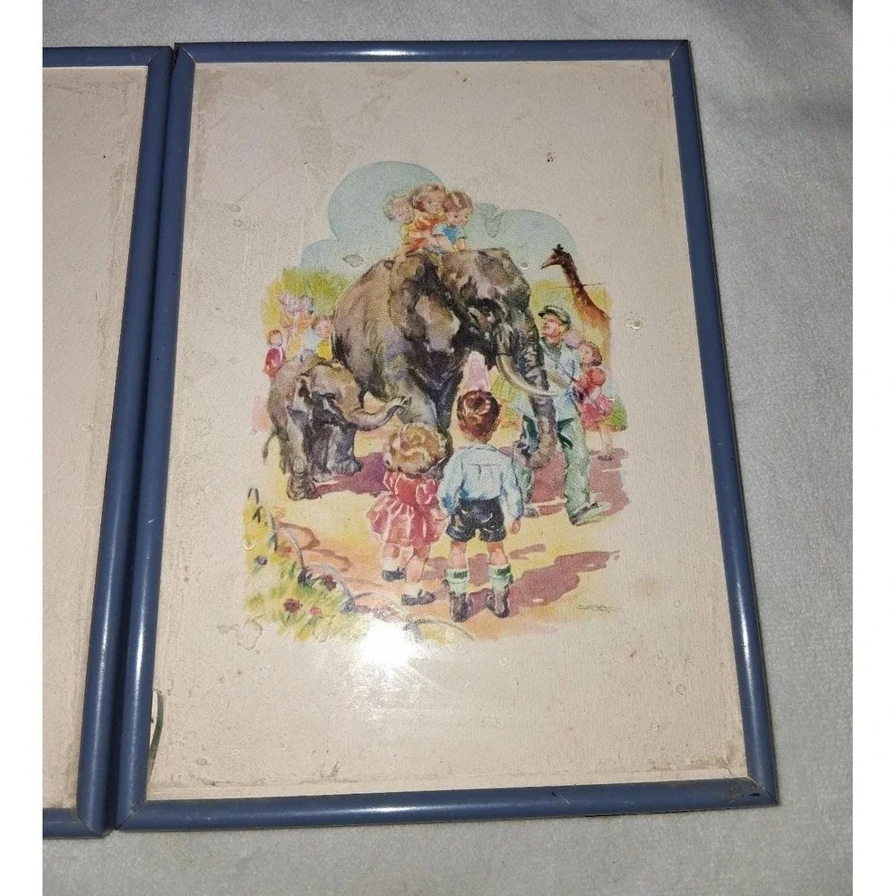 Vintage Pair 5x7 Children's Zoo Animal Prints Blue Metal Frames Camel Elephant
